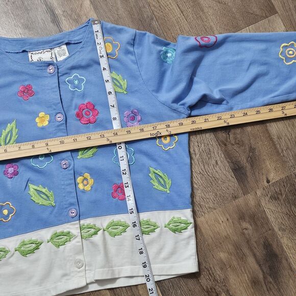 VTG Michael Simon Lite Sz Small Blue Flower Leaf Cardigan, Cotton Embroidered - Picture 6 of 7